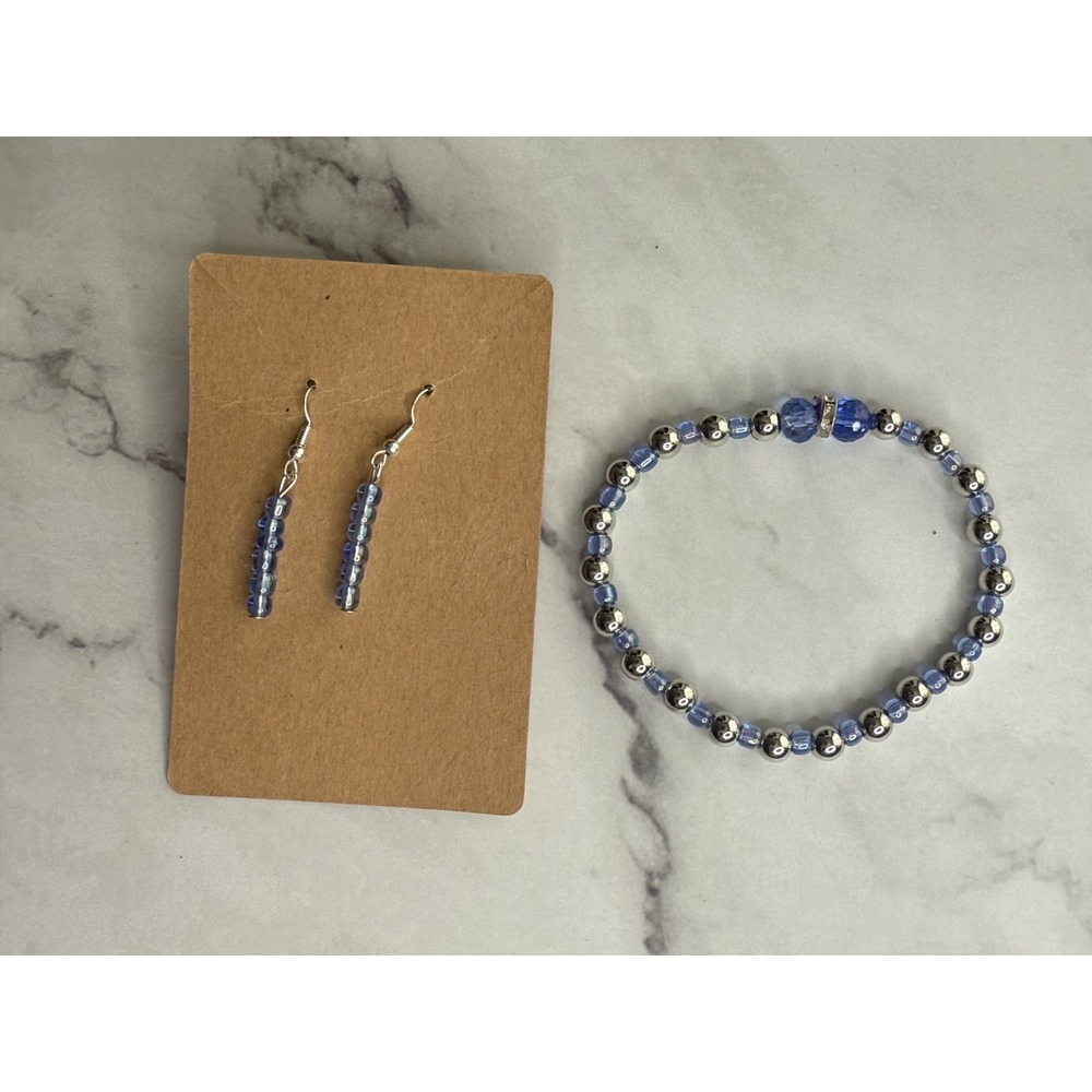 handmade beaded dangle earrings and bracelet set blue and silver tone